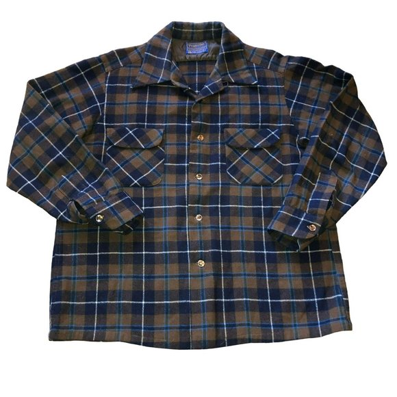 VTG PENDLETON ORIGINAL BOARD SHIRT SZ L LOOP COLLAR WOOL USA BROWN SURF PLAID - Picture 1 of 8